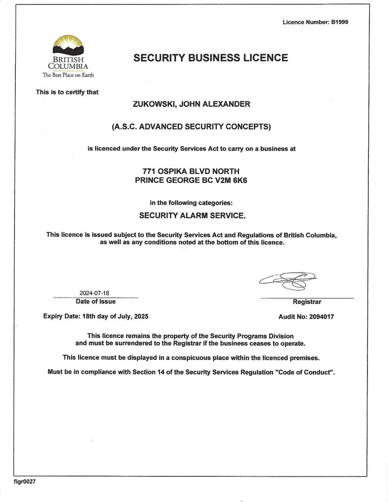 Province of B.C. Provincial Security Business License #B1999