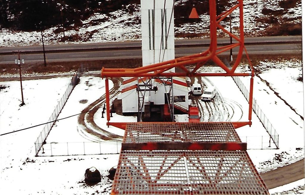 CNCP Mt. Jarvis tramway base station 1994. Compound view from tram car.  